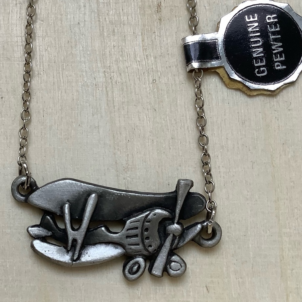 Vintage genuine pewter old airplane pendant necklace